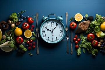 Intermittent Fasting concept image. Plate and table time between vegetables. Generative AI