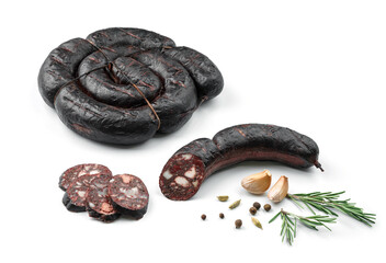 Stick of baked blood sausage, sliced buckwheat sausage with spices and fresh herbs isolated on...