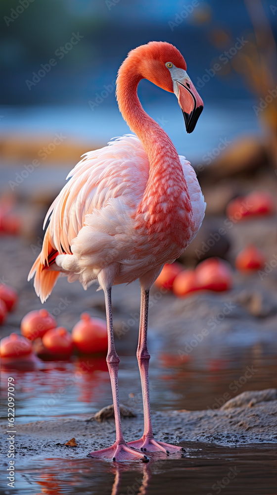 Poster a flamingo standing in shallow water with other flamingos in the background. generative ai.
