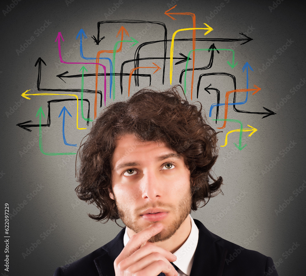 Poster man with a questioning expression and design of arrows over his head