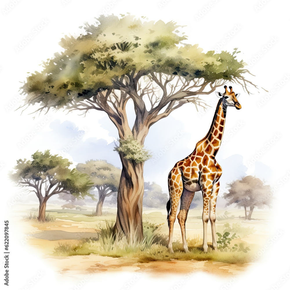 Poster a giraffe standing next to a tree in a field. generative ai.
