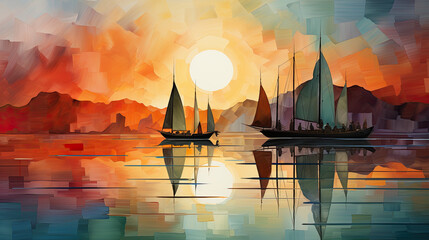 A painting of two sailboats in the water at sunset. Generative AI.