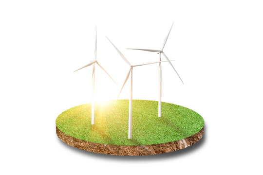 Cross Section Ground Of Green Grass Field With Wind Turbine Isolated On White On Transparent Background, PNG File