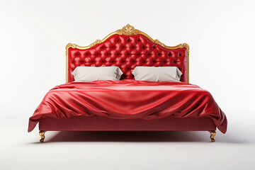 Red bed with golden vintage elements with with white pillows and red bedspread on white background.