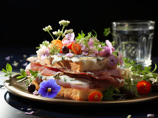 A plate with a sandwich and flowers on it. Generative AI. Edible flowers as decoration.