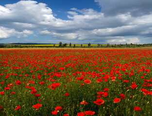 Fototapeta na wymiar Field of wild poppy on the background cloudy sky