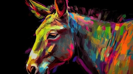 Donkey with colorful fur. In style of vector illustration. Black background. Generative AI