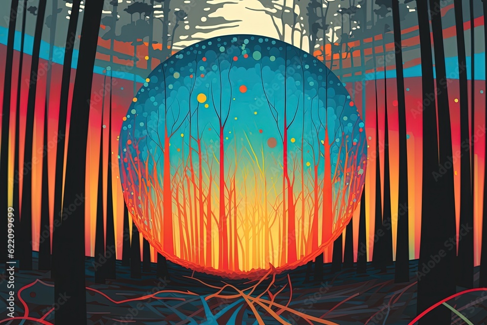 Wall mural psychedelic colorful abstract forest. in style of vector illustration. generative ai