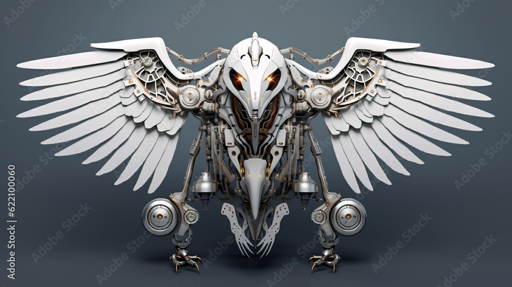 Aufkleber a robot bird with wings on a gray background. generative ai. mechanical creature.
