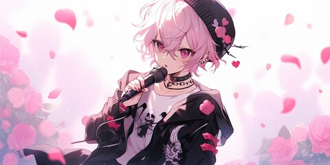 A girl with pink hair is holding a microphone. Generative AI. Emo virtual idol, character design.