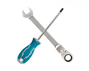 Hand tools. Wrench and screwdriver on white background.