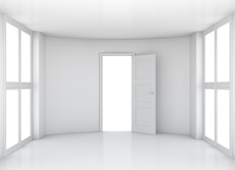 Empty white clean room with opened door and large windows. 3D rendering