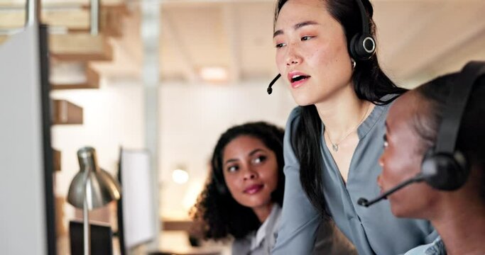 Call center, training and business people on computer, technical support or advice, helping and solution at night. Professional diversity, e commerce review and manager, consultant or woman feedback