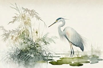 Heron in style of watercolor illustration. Minimalistic. Generative AI