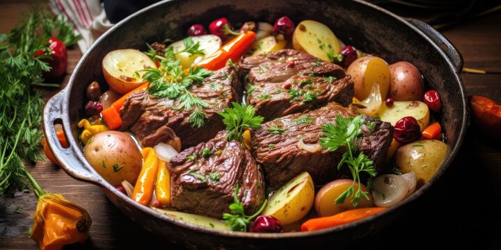 beef pot roast in dutch oven pan created with generative AI