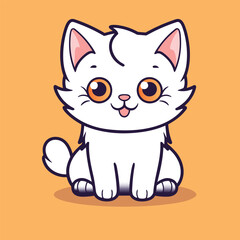 White cat sits on a orange background. Cute kitten in cartoon style. cat, background and shadow on separate layers, Vector illustration for postcard, banner, web, design, arts