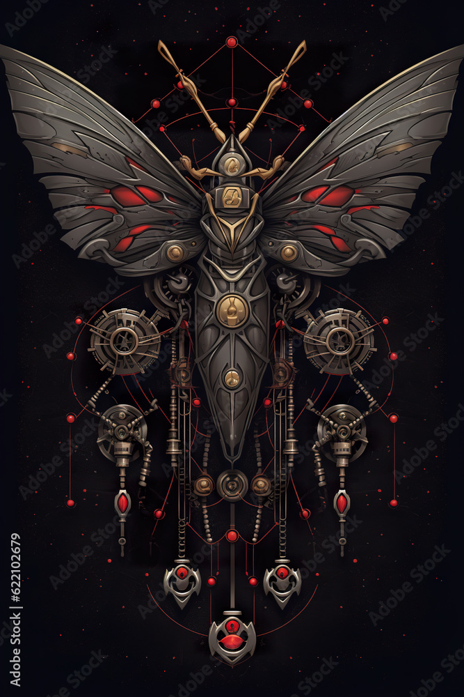 Poster a butterfly with gears and a clock on it's back. generative ai.