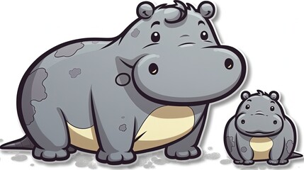 Obraz na płótnie Canvas Cartoon mother and baby hippo sticker. Generative AI