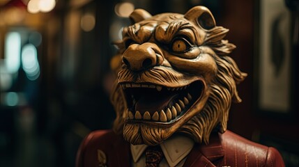 Golden anthropomorphic lion statue. Close-up statue of lion in suit. Generative AI