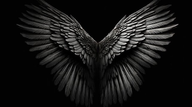 Mystical symmetrical wings. Black background. Generative AI