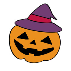 Simple Halloween scary pumpkin with witch hat in flat style