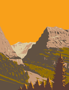 WPA poster art of the valley of Grindelwald with Mattenberg in background located in Switzerland done in works project administration or Art Deco style.