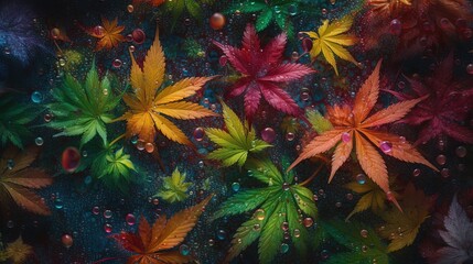 Colorful leaves with raindrops. Generative AI