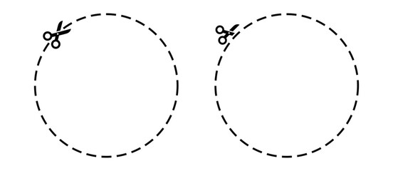 Circle cut out illustration. Trim with scissor coupon, voucher. Crop oval. Dash line for cutting. Scissors line. 