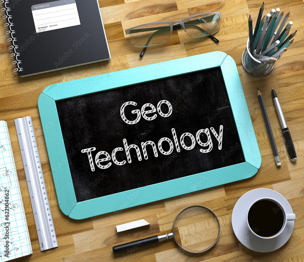 Aufkleber geo technology handwritten on mint chalkboard. top view composition with small chalkboard on working