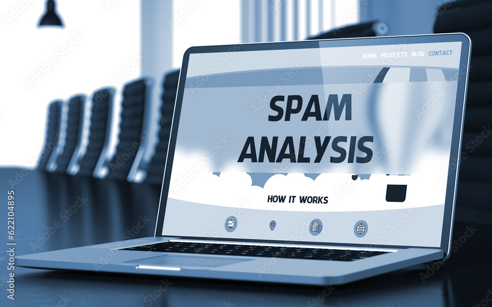 Aufkleber modern meeting hall with laptop on foreground showing landing page with text spam analysis. closeup 