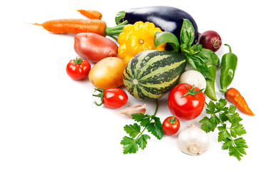 Fresh vegetable with green leaves and herbs, isolated on white background