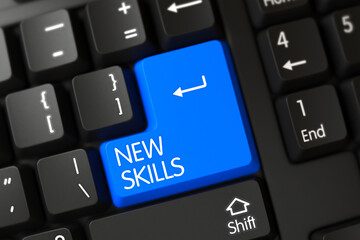 Concepts of New Skills, with a New Skills on Blue Enter Button on Modernized Keyboard. Modern Keyboard with Hot Key for New Skills. Blue New Skills Keypad on Keyboard. 3D.