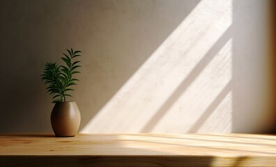 Wooden table with sun light shadow, vintage wall background