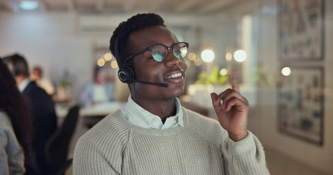 Callcenter agent, thinking and black man consulting with advice, sales or help desk worker with headset. Phone call, telecom office and customer support consultant problem solving at service agency.