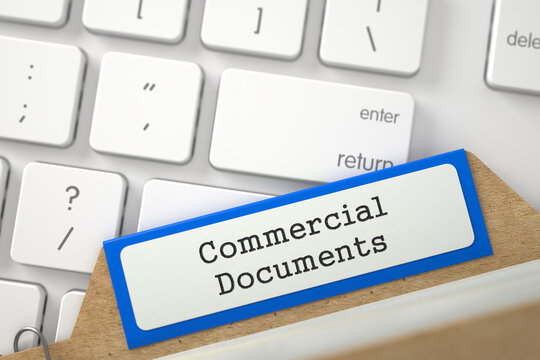 Commercial Documents Concept. Word on Blue Folder Register of Card Index. Blue Card Index on Background of White PC Keypad. Closeup View. Blurred Illustration. 3D Rendering.