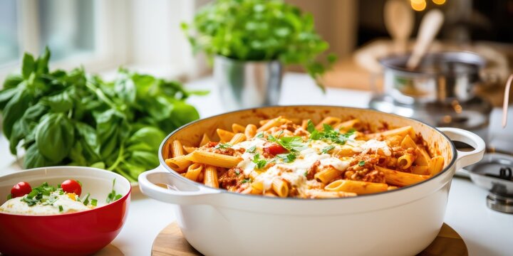 baked italian ziti in dutch oven made with penne pasta, tomato sauce and cheese inside kitchen created with generative AI