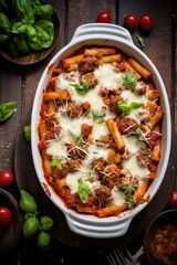 baked italian ziti in casserole baking dish made with penne pasta, tomato sauce and cheese inside kitchen created with generative AI and shot top down - 622105617