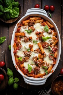 baked italian ziti in casserole baking dish made with penne pasta, tomato sauce and cheese inside kitchen created with generative AI and shot top down