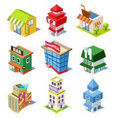 Fototapeta Set of the isometric city buildings and shops, Elements for map obraz