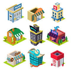 Set of the isometric city buildings and shops, Elements for map