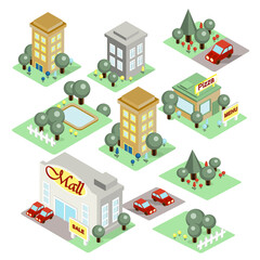 Set of the isometric city buildings, shops and other elements