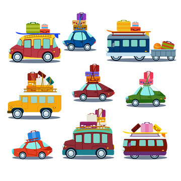 Cars to travel, the bus with suitcases, van, illustration