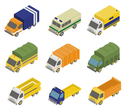 Isometric public city transport 3d icons set isolated illustration