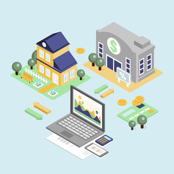 Bank credit and home loan concept with isometric house and financial icons illustration