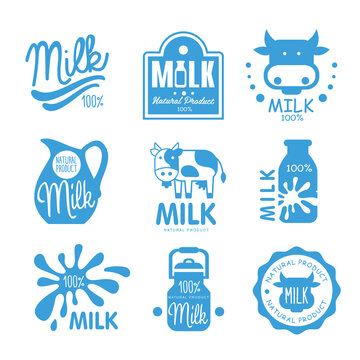 Blue and white milk symbols, icons or logos for dairy, farm food design
