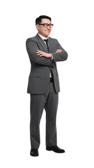 Businessman in suit wearing glasses on white background