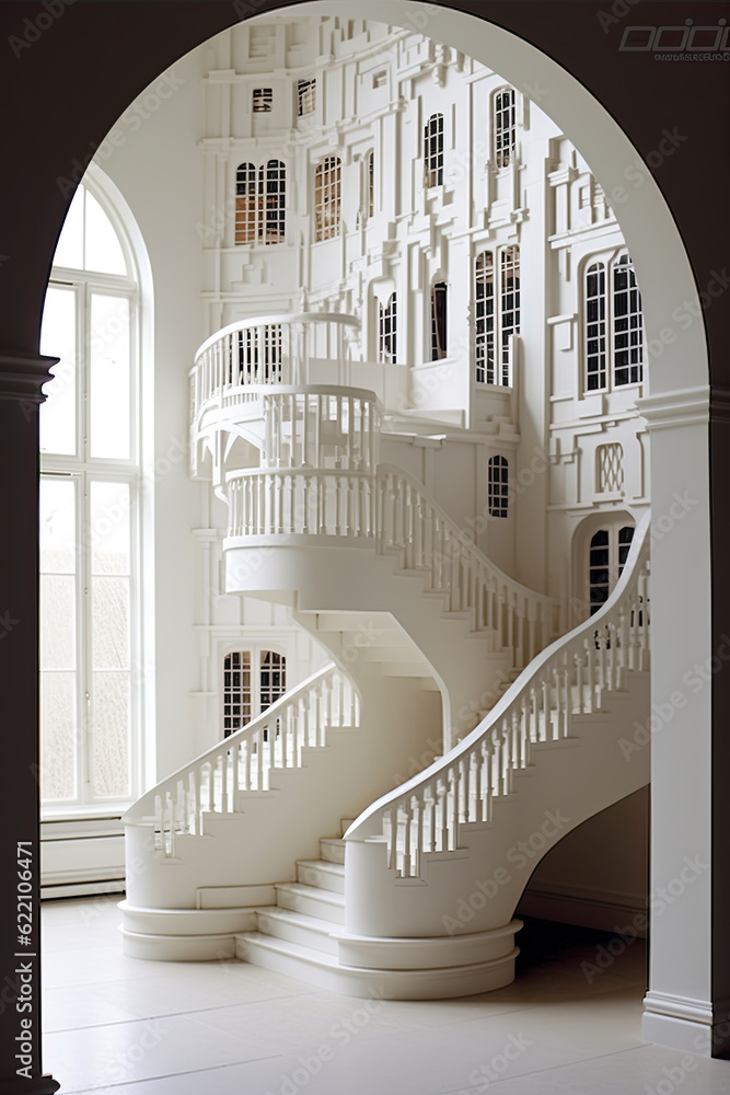 Poster a model of a building with a staircase. generative ai.
