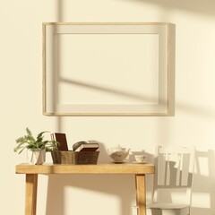 24 x 36 inches landscape wooden frame mockup as lifestyle photo with books, fern plant, table, chair, teapot, basket with afternoon shadow from windows as a 3d rendering.