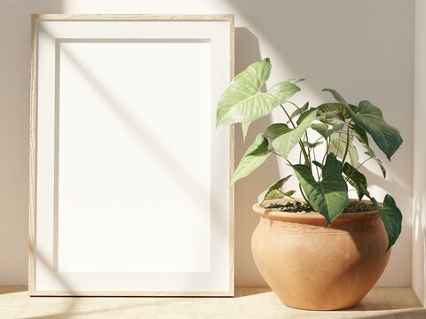 24 X 36 Inches Portrait Wooden Frame Mockup As Lifestyle Photo With Plant With Window Pane Shadows As A 3d Rendering.