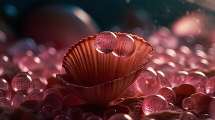 Pink shell surrounded with pink bubbles. Generative AI